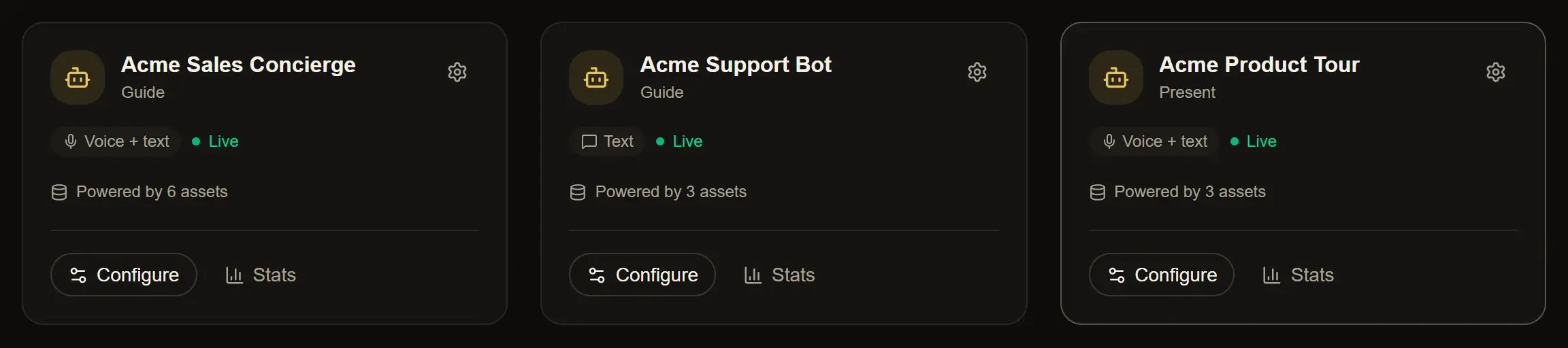 Three agents in one workspace: a Guide on voice and text, a Guide on text, and a Present agent, each live.