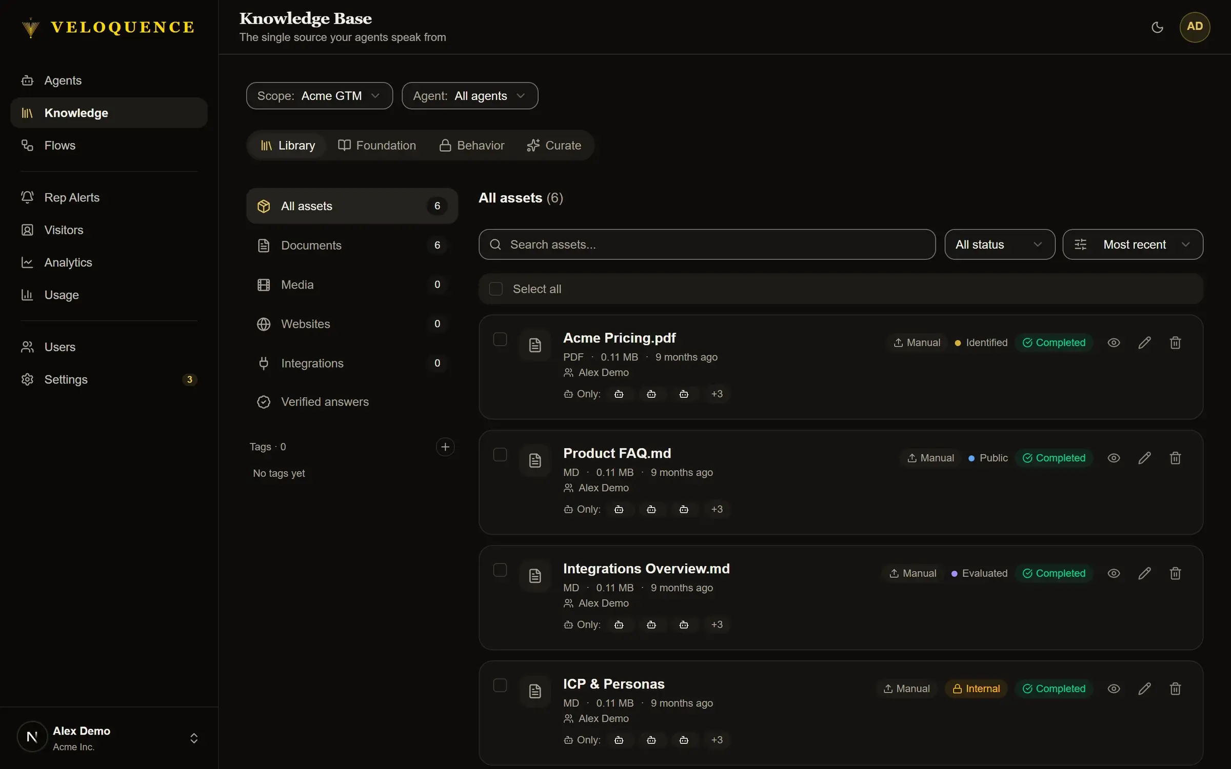 The knowledge base library: pricing at Identified, the FAQ at Public, integrations at Evaluated, and internal persona notes, each marked completed.